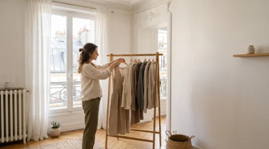 Jeune femme triant une garde-robe ethique minimaliste dans un appartement parisien baigne de lumiere naturelle