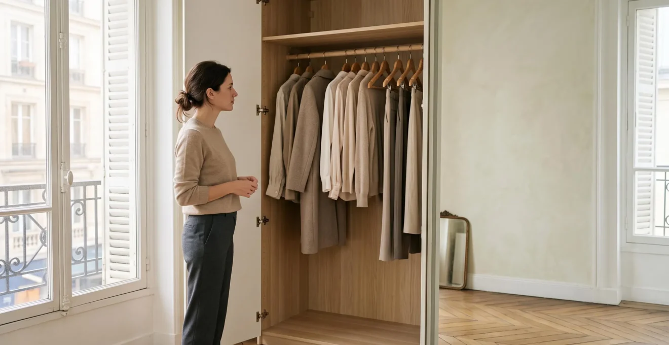 Femme se tenant sereinement devant un dressing epure et minimaliste dans un appartement parisien baigne de lumiere naturelle