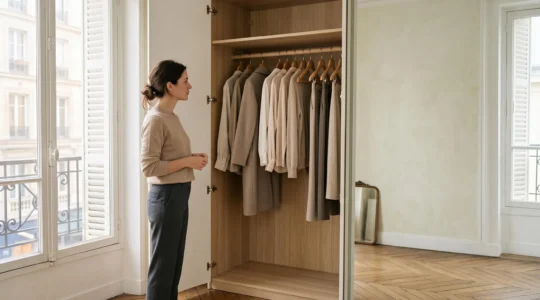 Femme se tenant sereinement devant un dressing epure et minimaliste dans un appartement parisien baigne de lumiere naturelle