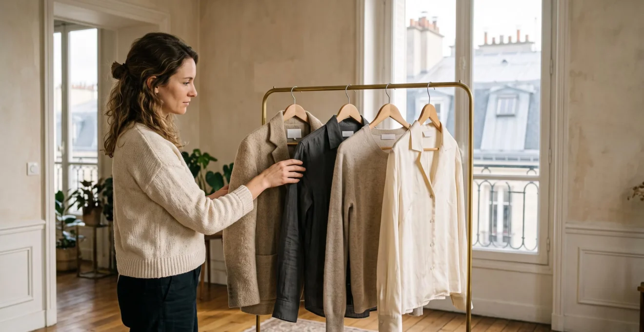 Une femme choisit avec attention une veste en laine dans une penderie épurée baignée de lumière naturelle, symbole d'une mode alignée sur ses valeurs