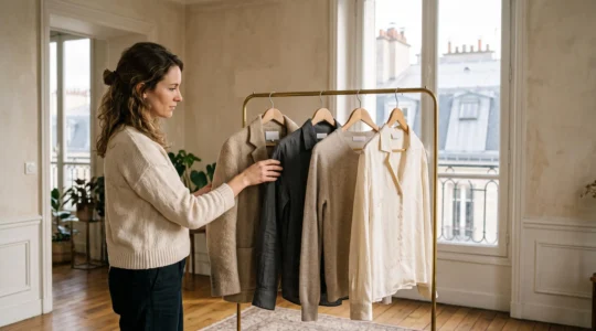 Une femme choisit avec attention une veste en laine dans une penderie épurée baignée de lumière naturelle, symbole d'une mode alignée sur ses valeurs