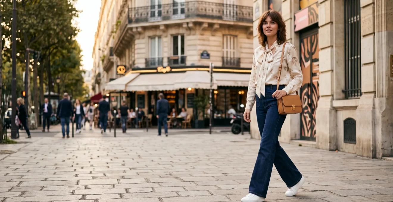 Jeune femme élégante portant un pantalon pattes d'éléphant et une blouse en soie inspirés des années 70, associés à des accessoires contemporains, dans une rue parisienne haussmannienne