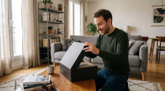 Homme souriant découvrant un cadeau décalé dans un intérieur contemporain
