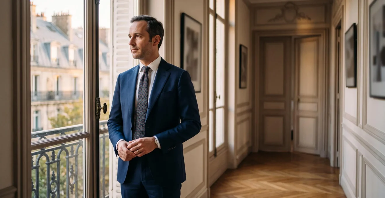 Silhouette professionnelle élégante dans un bureau parisien, avec un détail vestimentaire distinctif mettant en valeur l'expression personnelle dans un cadre corporate