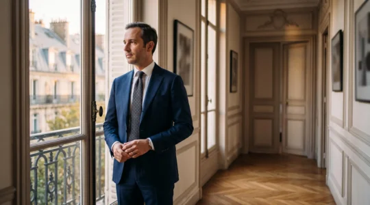 Silhouette professionnelle élégante dans un bureau parisien, avec un détail vestimentaire distinctif mettant en valeur l'expression personnelle dans un cadre corporate