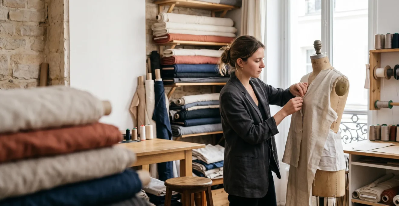 Jeune créatrice française dans un atelier de couture parisien, entourée de tissus et de vêtements en cours de confection, lumière naturelle douce
