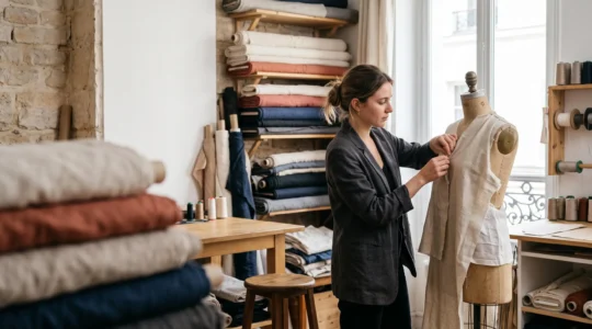 Jeune créatrice française dans un atelier de couture parisien, entourée de tissus et de vêtements en cours de confection, lumière naturelle douce