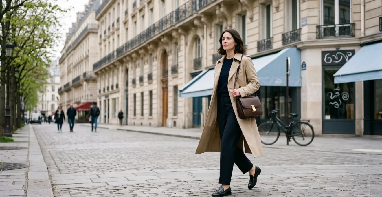 Silhouette elegante d'une femme dans une rue parisienne portant un sac qui equilibre visuellement sa morphologie