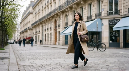 Silhouette elegante d'une femme dans une rue parisienne portant un sac qui equilibre visuellement sa morphologie