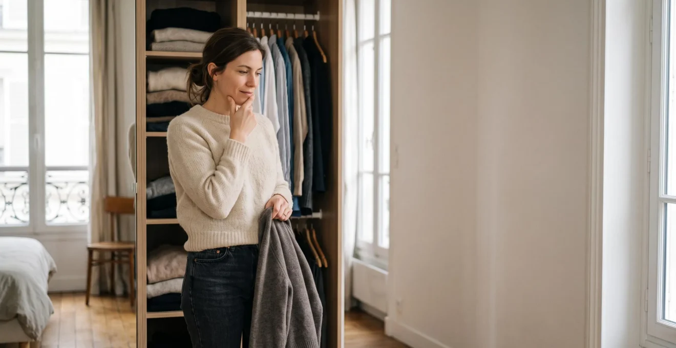 Femme reflechissant face a sa garde-robe ouverte avant de decider d'un nouvel achat vestimentaire, interieur francais epure