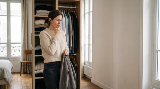 Femme reflechissant face a sa garde-robe ouverte avant de decider d'un nouvel achat vestimentaire, interieur francais epure