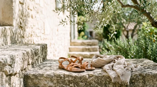 Sandales en cuir élégantes posées sur une terrasse ensoleillée évoquant le style estival français