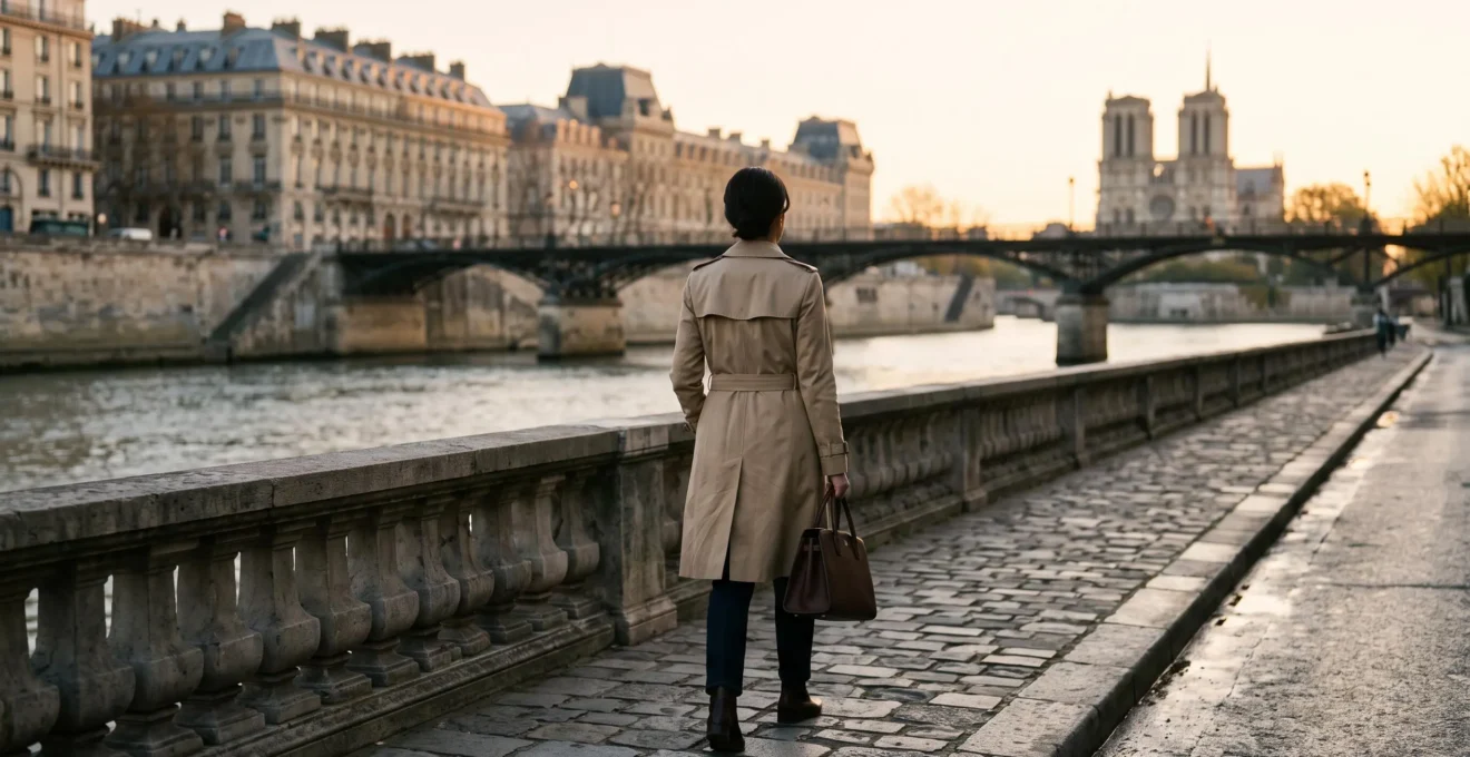 Silhouette elegante d'une femme de dos marchant le long des quais de Seine a Paris au lever du jour, incarnant les secrets de style des fashionistas