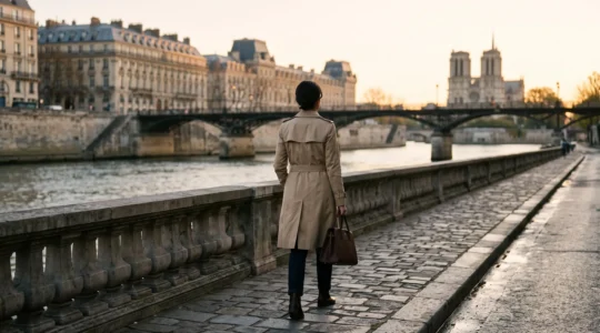 Silhouette elegante d'une femme de dos marchant le long des quais de Seine a Paris au lever du jour, incarnant les secrets de style des fashionistas