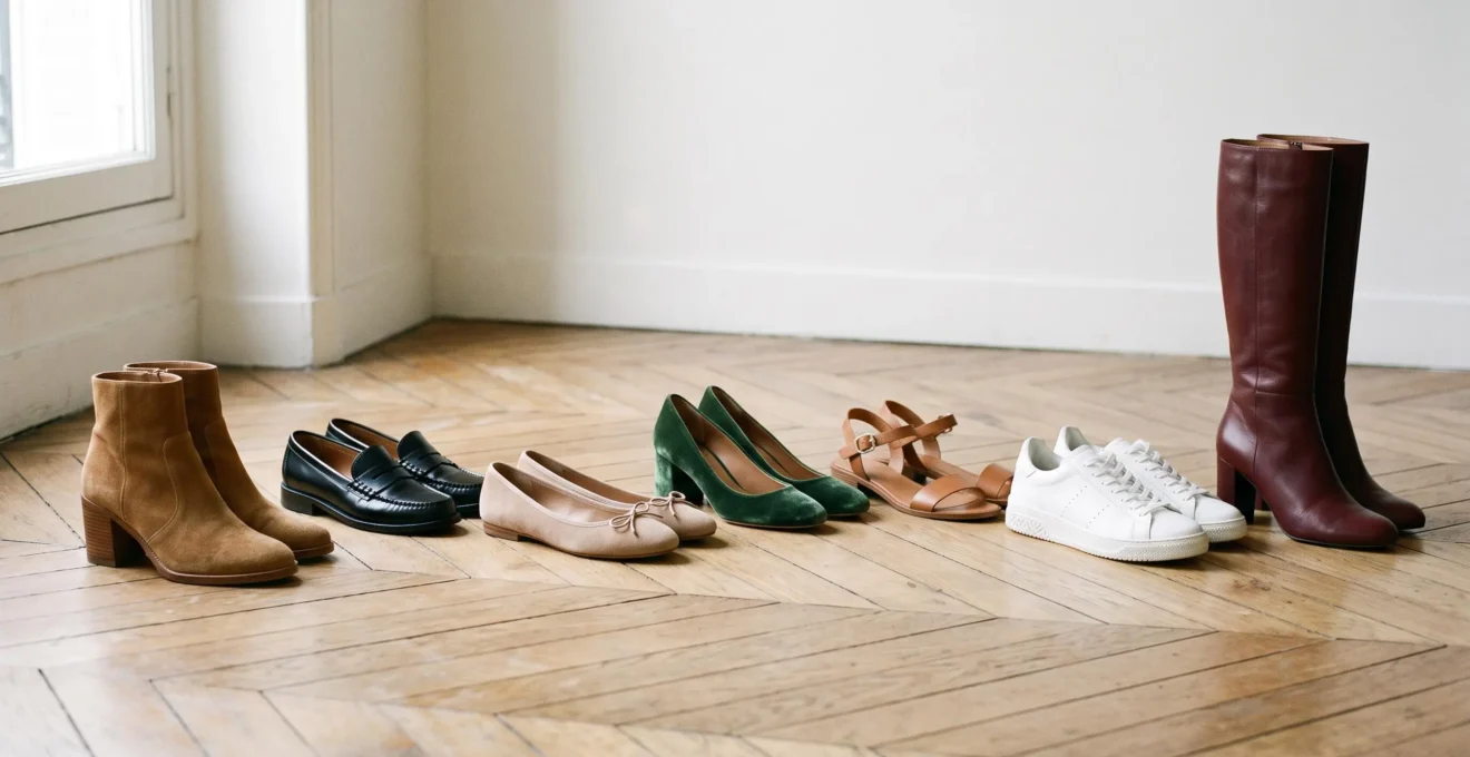 Sélection élégante de sept paires de chaussures femme représentant une garde-robe capsule pour la vie professionnelle et sociale