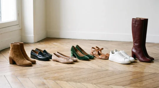 Sélection élégante de sept paires de chaussures femme représentant une garde-robe capsule pour la vie professionnelle et sociale