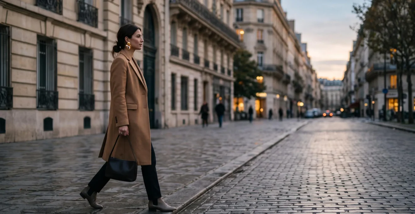 Femme élégante dans une rue parisienne portant un unique accessoire statement qui capte la lumière, incarnant une singularité maîtrisée