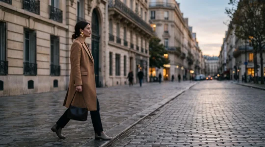 Femme élégante dans une rue parisienne portant un unique accessoire statement qui capte la lumière, incarnant une singularité maîtrisée