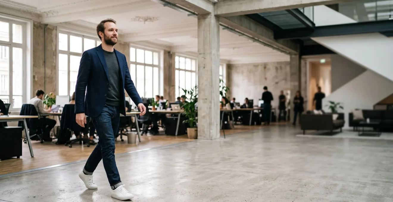 Homme d'affaires portant un blazer, un jean sombre et des sneakers blanches minimalistes dans un espace de bureau parisien lumineux
