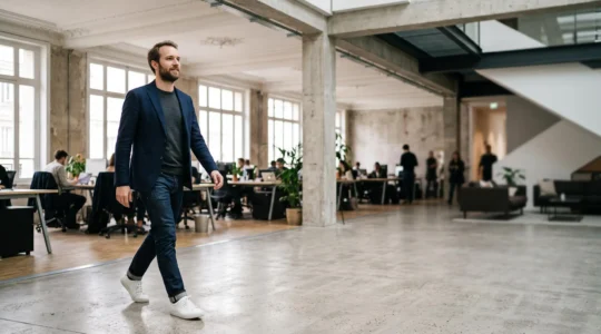 Homme d'affaires portant un blazer, un jean sombre et des sneakers blanches minimalistes dans un espace de bureau parisien lumineux
