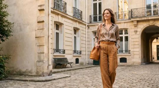 Femme élégante en tenue bohème chic raffinée dans une rue parisienne au charme haussmannien