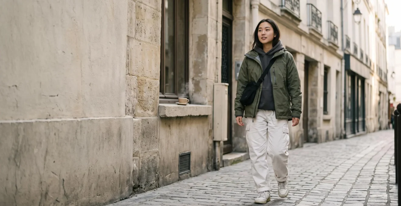 Jeune adulte en tenue streetwear personnalisee et sans logo visible, pose dans une rue pavee parisienne au petit matin