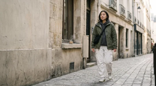 Jeune adulte en tenue streetwear personnalisee et sans logo visible, pose dans une rue pavee parisienne au petit matin