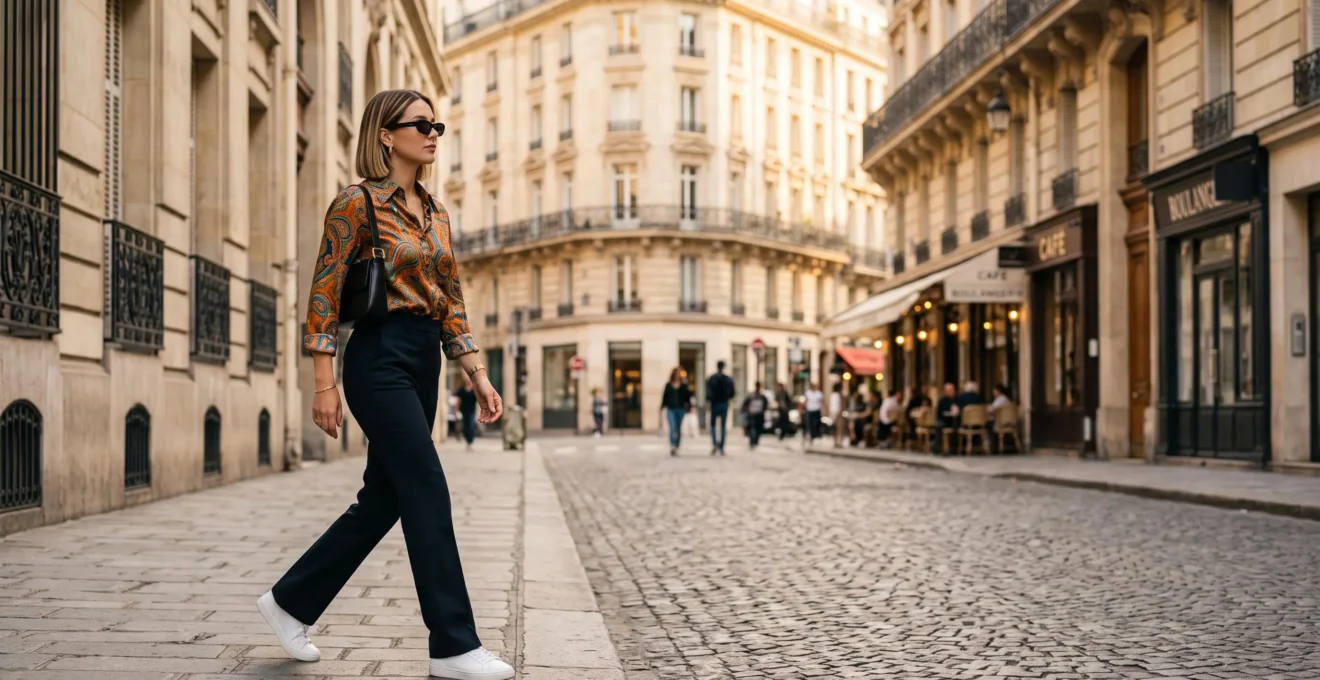 Femme élégante dans une rue parisienne mêlant une pièce vintage des années 70 à des basiques modernes minimalistes
