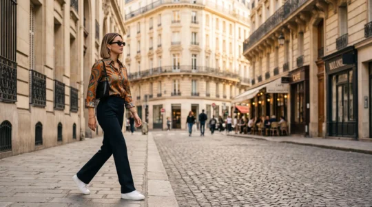 Femme élégante dans une rue parisienne mêlant une pièce vintage des années 70 à des basiques modernes minimalistes