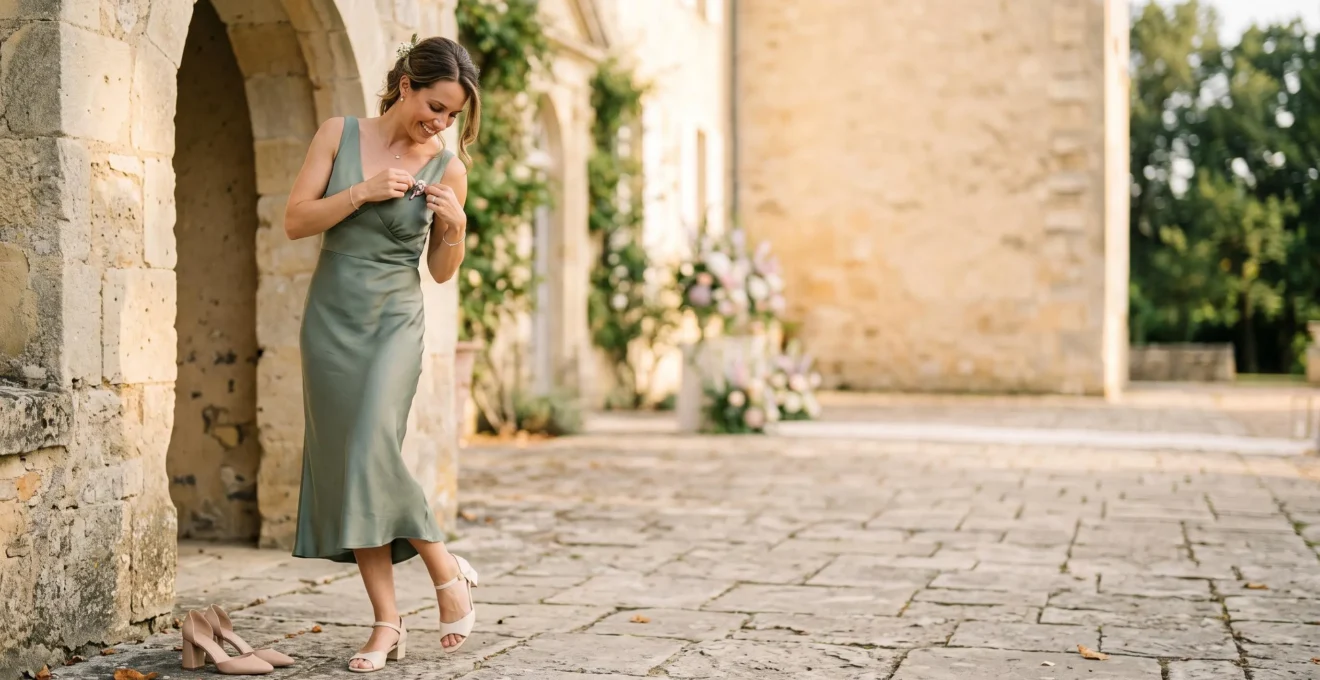 Une témoin de mariage élégamment vêtue ajuste ses accessoires avant la cérémonie dans un cadre chic à la française