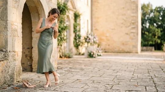 Une témoin de mariage élégamment vêtue ajuste ses accessoires avant la cérémonie dans un cadre chic à la française