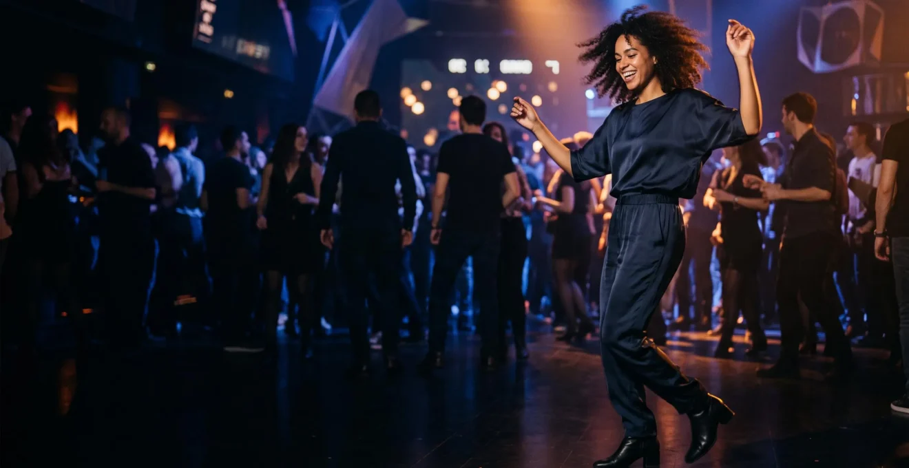 Jeune femme élégante dansant dans un club parisien, tenue chic et confortable, ambiance nocturne feutrée
