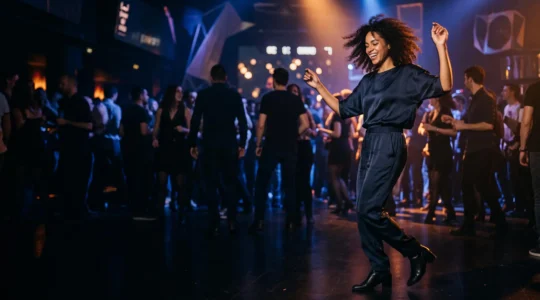 Jeune femme élégante dansant dans un club parisien, tenue chic et confortable, ambiance nocturne feutrée