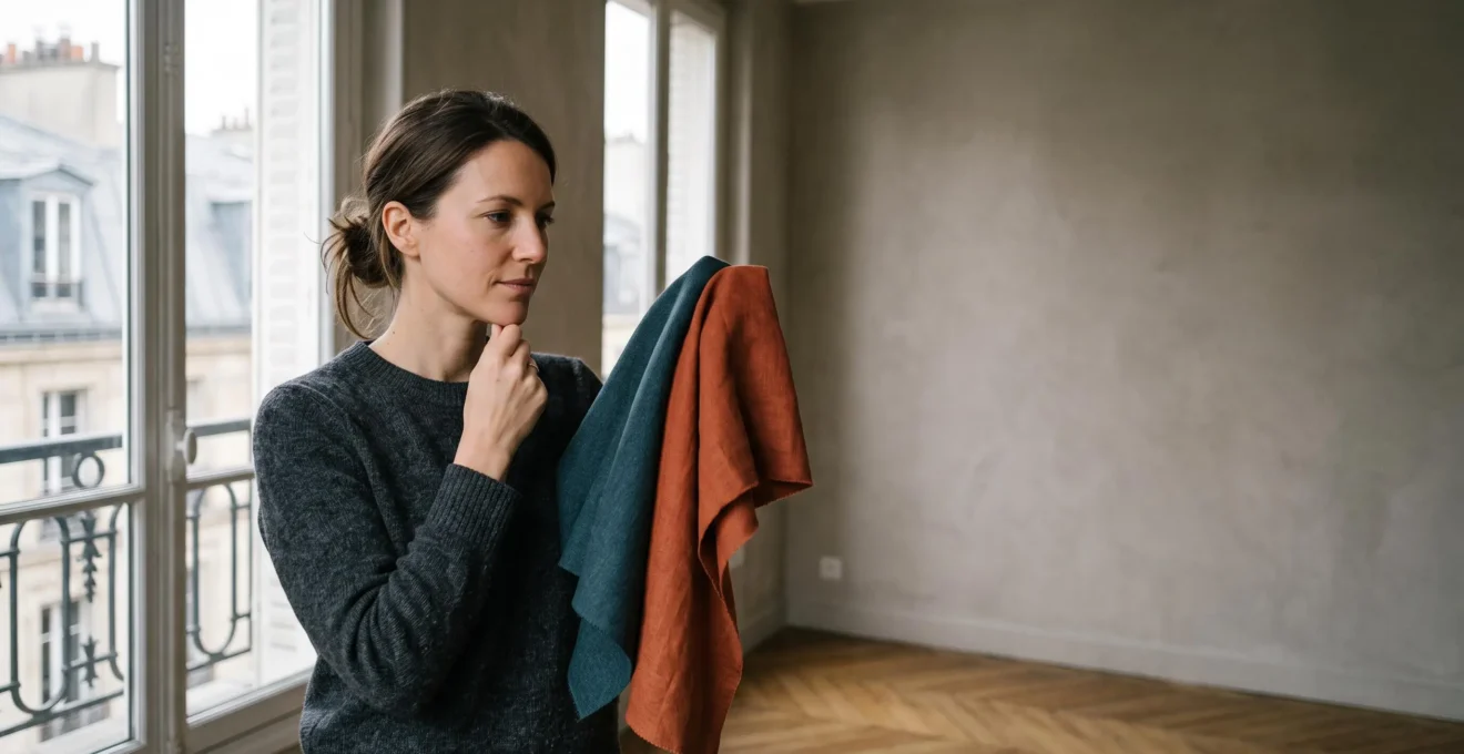 Une femme en pleine lumière naturelle du nord teste plusieurs étoffes colorées près de son visage pour déterminer sa saison de colorimétrie