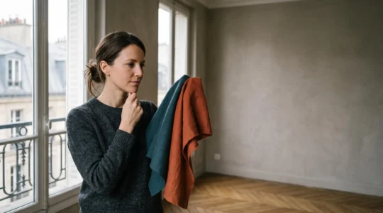 Une femme en pleine lumière naturelle du nord teste plusieurs étoffes colorées près de son visage pour déterminer sa saison de colorimétrie
