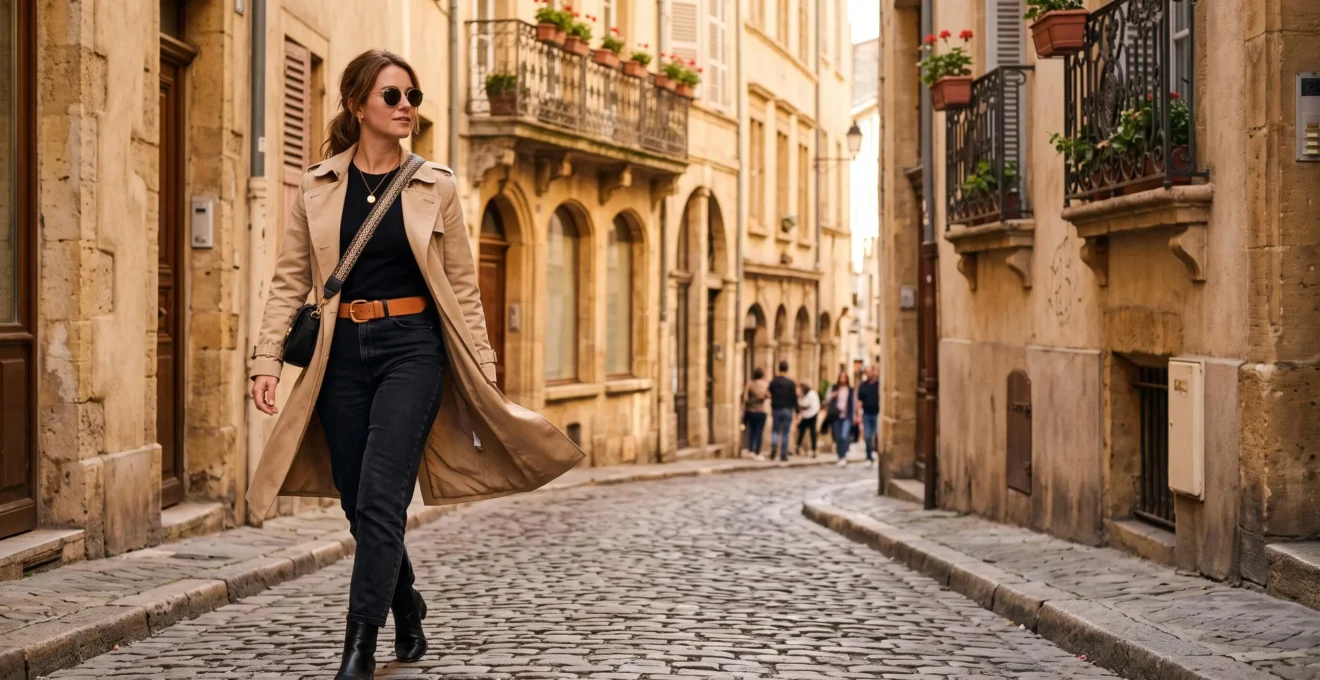 Femme élégante marchant dans une rue pavée typiquement française, incarnant un style personnel affirmé et authentique