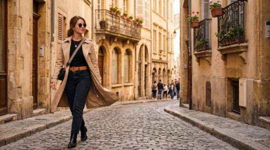 Femme élégante marchant dans une rue pavée typiquement française, incarnant un style personnel affirmé et authentique
