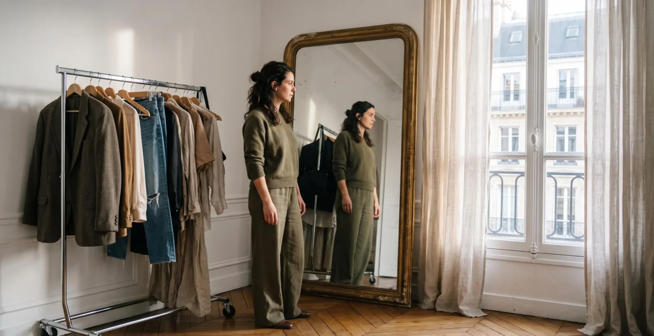 Une femme se regarde dans un miroir entourée de vêtements aux textures variées, symbolisant la recherche d'un style personnel authentique