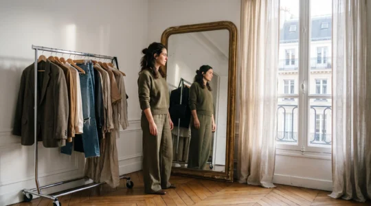 Une femme se regarde dans un miroir entourée de vêtements aux textures variées, symbolisant la recherche d'un style personnel authentique