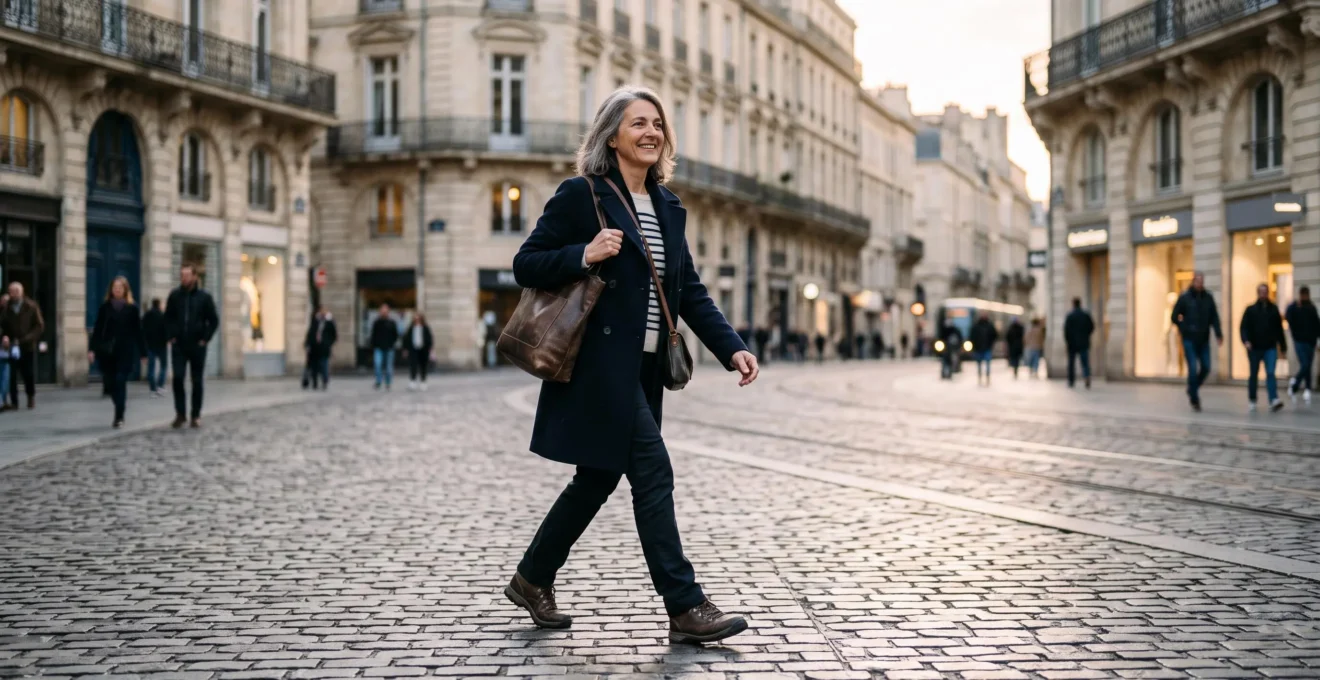 Femme d'âge mûr marchant avec assurance dans une rue pavée typique d'une ville française, illustrant l'équilibre postural lié à la santé de la voûte plantaire