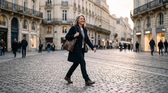 Femme d'âge mûr marchant avec assurance dans une rue pavée typique d'une ville française, illustrant l'équilibre postural lié à la santé de la voûte plantaire